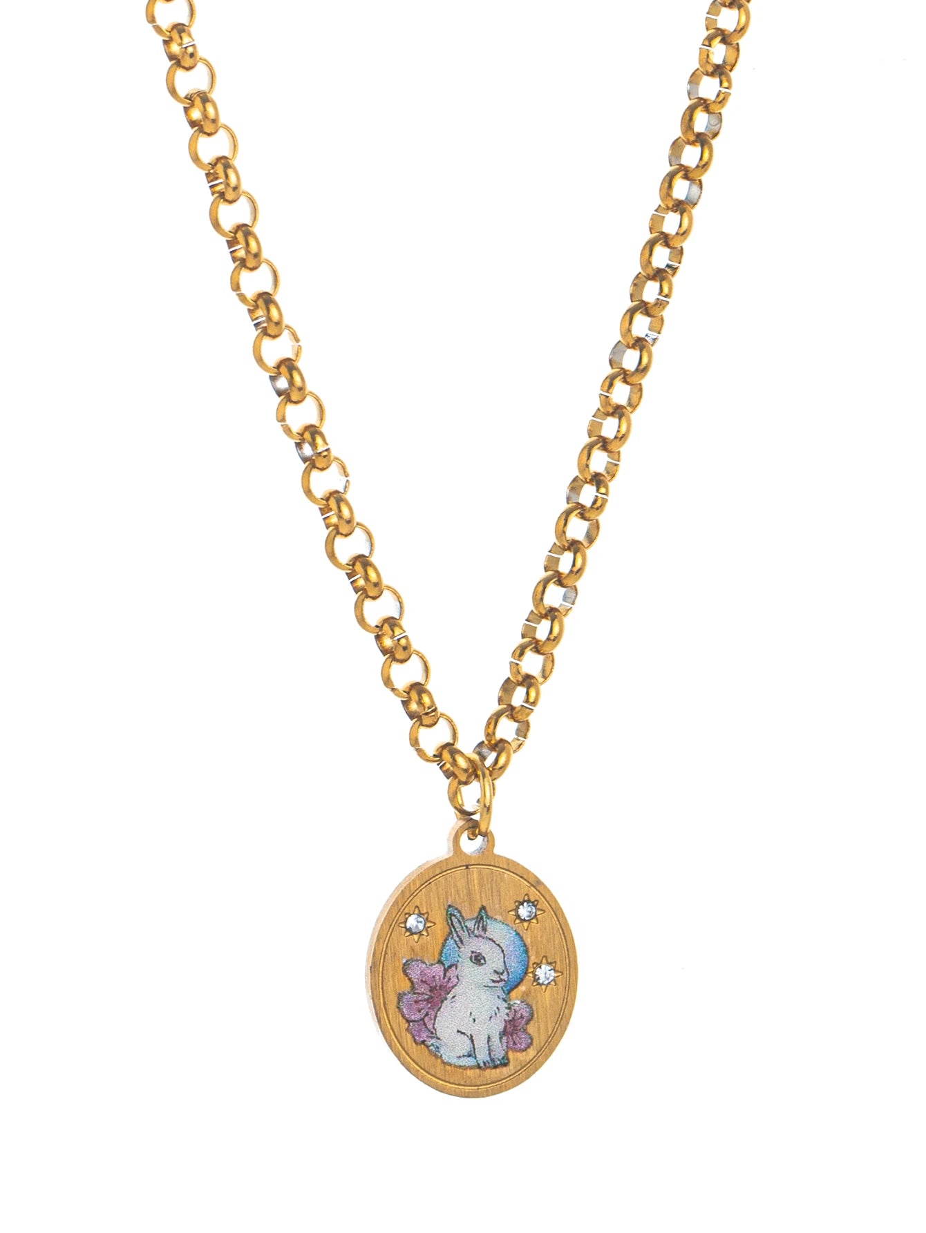 Flower Painting Rabbit Clover Warrior Guardian Tarot Charm Women's Necklace Vacuum Plated 18k Gold