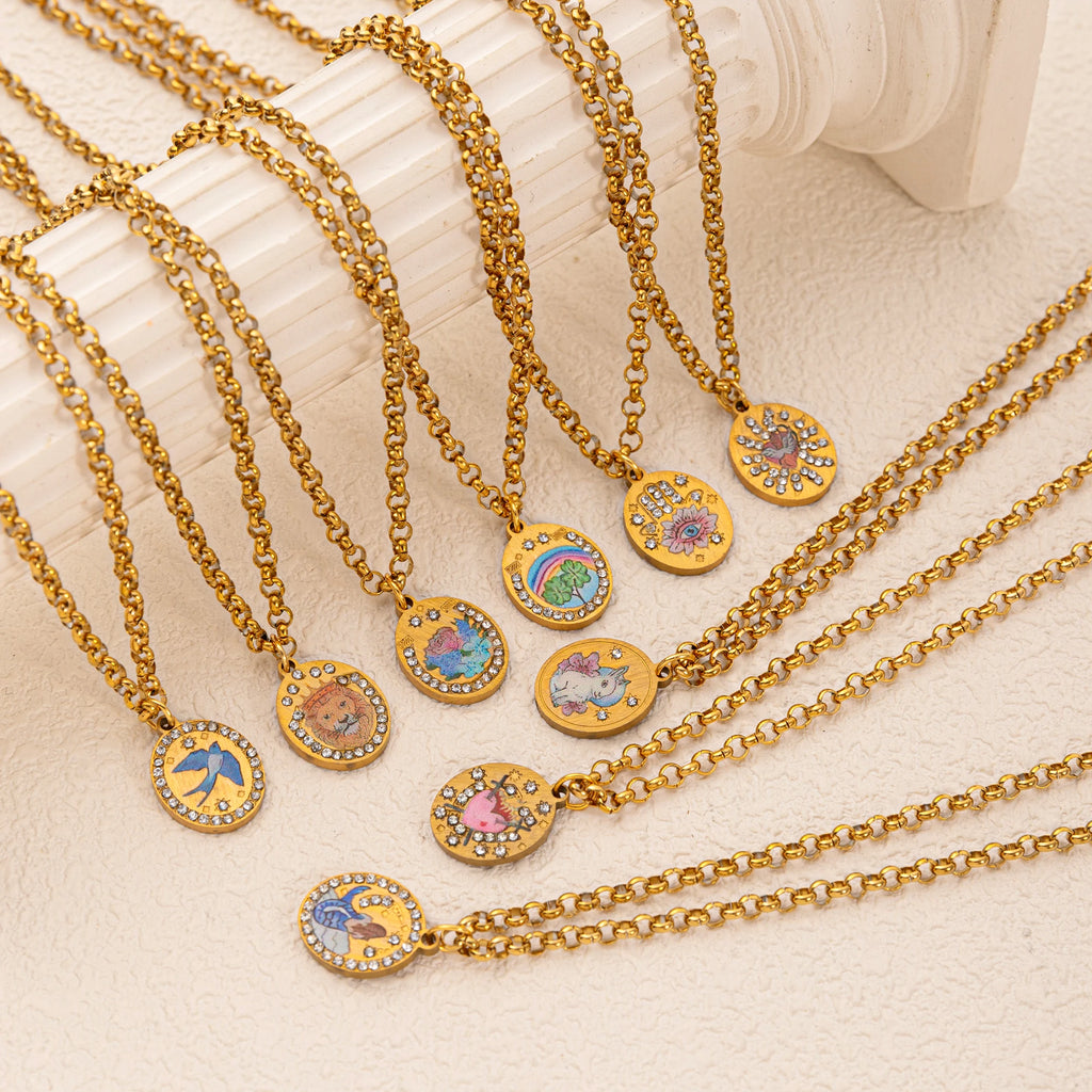 Flower Painting Rabbit Clover Warrior Guardian Tarot Charm Women's Necklace Vacuum Plated 18k Gold