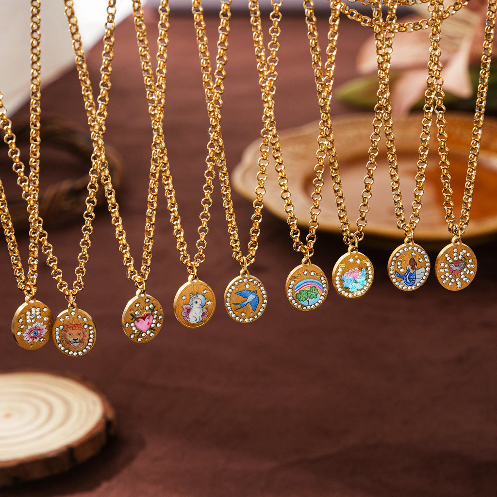 Flower Painting Rabbit Clover Warrior Guardian Tarot Charm Women's Necklace Vacuum Plated 18k Gold