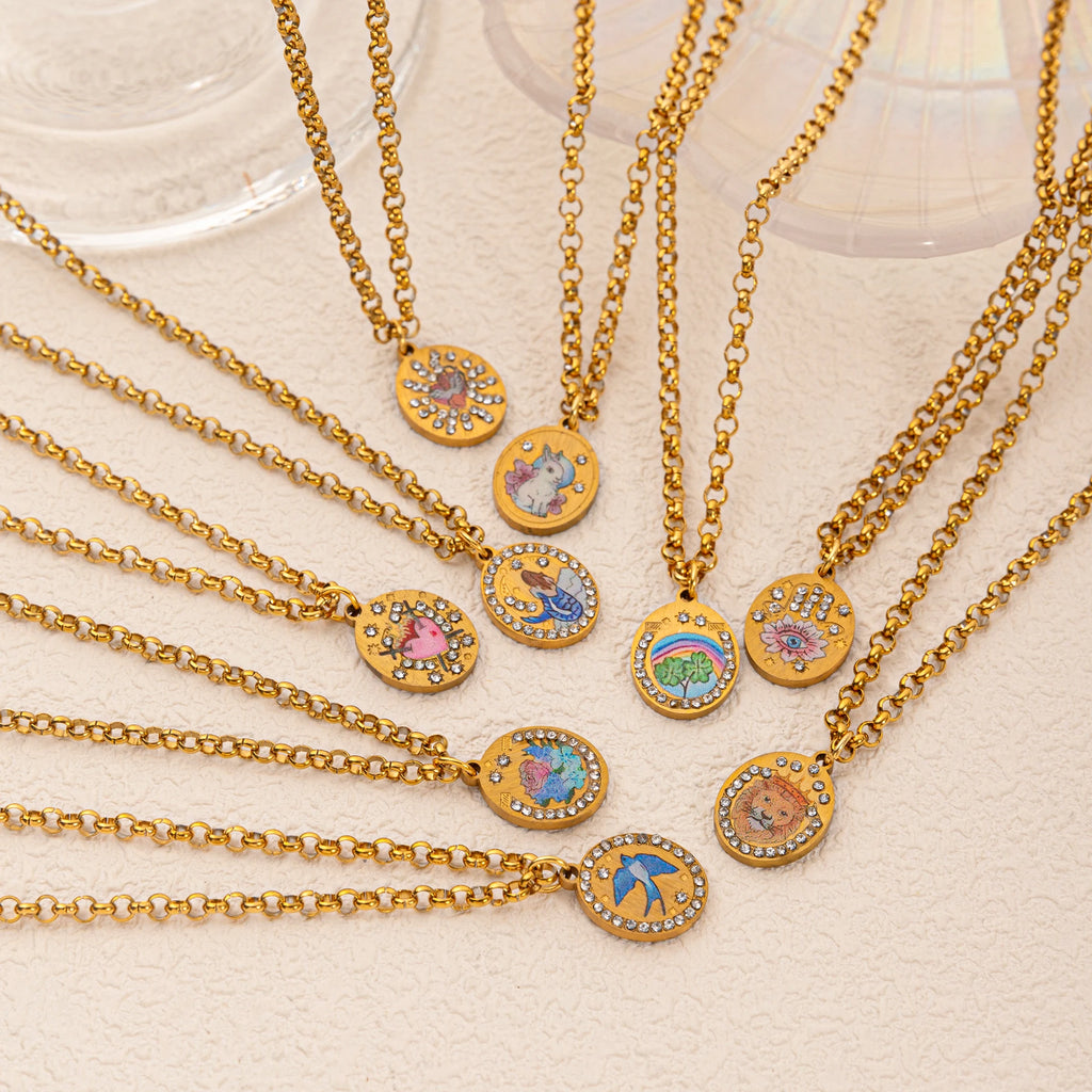 Flower Painting Rabbit Clover Warrior Guardian Tarot Charm Women's Necklace Vacuum Plated 18k Gold